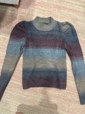 Striped Gradient Puff-Sleeve Women's Sweater - Blue Gray Burgundy